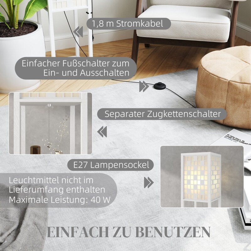 Ein Stehlampe mit Fußschalter und Zugkettenschalter.