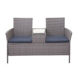 thumbnail of Poly-Rattan Sitzbank mit Tisch HWC-E24, Gartenbank Sitzgruppe Gartensofa, 132cm ~ grau, Kissen dunkelgrau