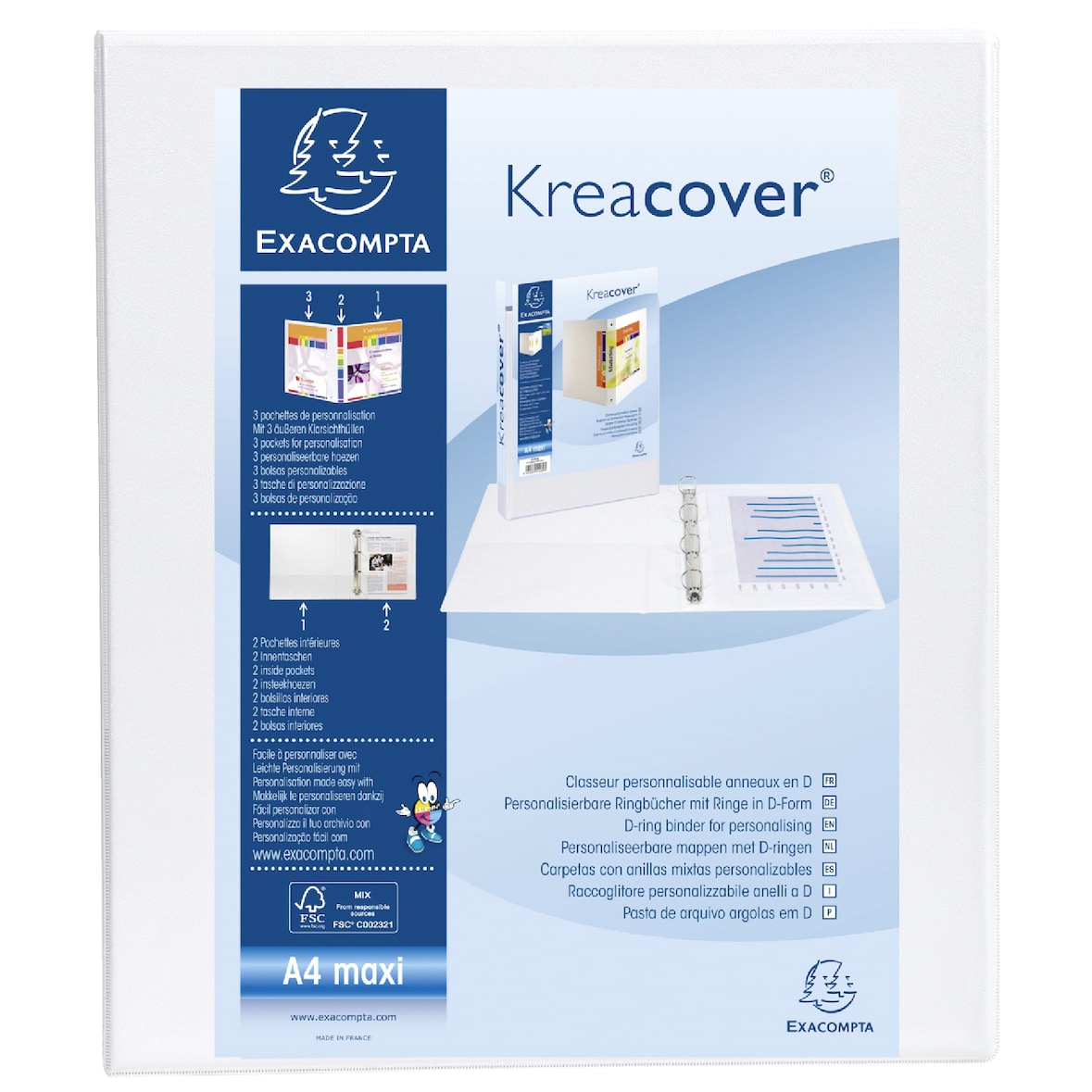 EXACOMPTA Classeur personnalisable KREACOVER 3 faces 4 anneaux Ø25 mm en D. En polypropylène Blanc.