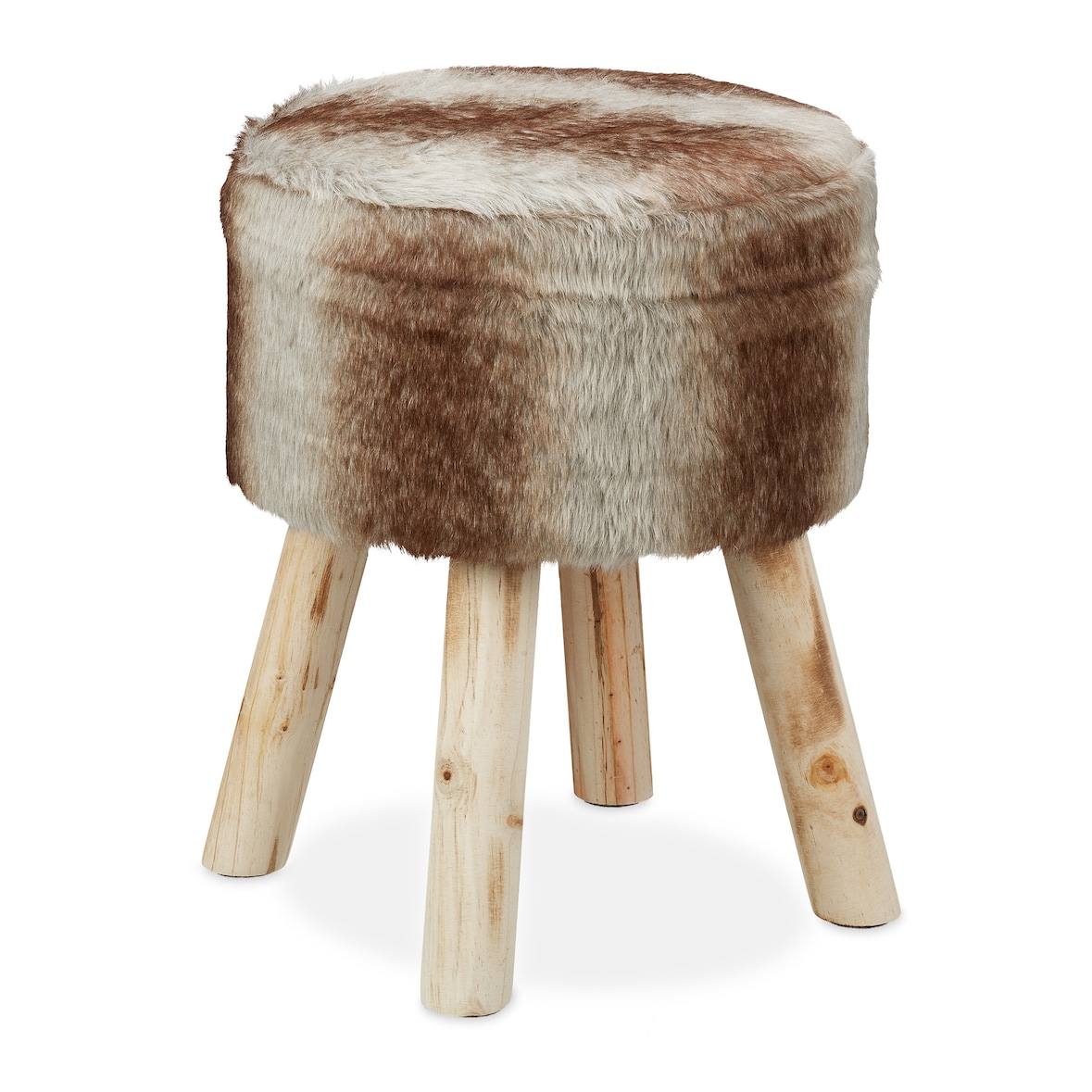 Relaxdays Fellhocker, Deko Hocker Kunstfell, Sitzhocker mit Holzbeinen, rund, rustikal, H x D: 42 x 33 cm, grau/braun