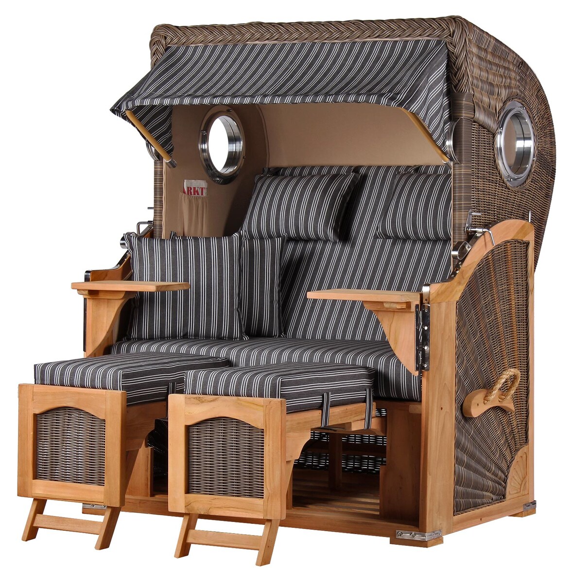 Strandkorb - bene living - Ammersee Teak Bullauge - PE grau - Modell 500 - Zweisitzer inkl. Liftersystem