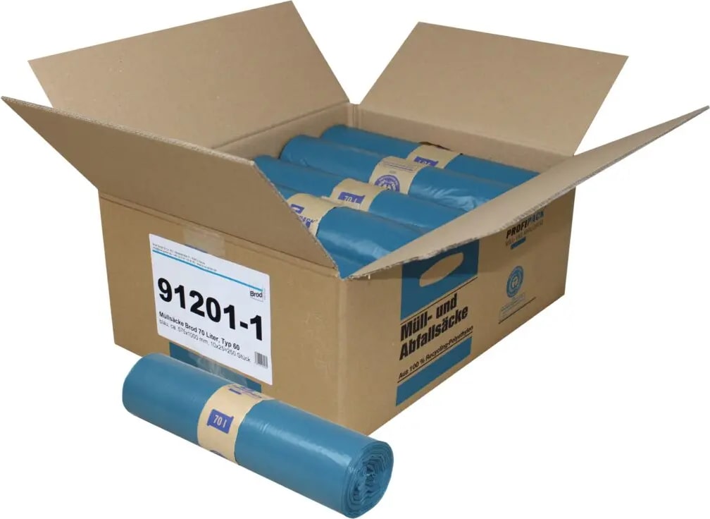 Müllsäcke Brod blau LDPE-REG 70l, Typ 60, ca. 575x1000mm, ca. 31 µ, 25 Rollen a 10 Stück im Karton