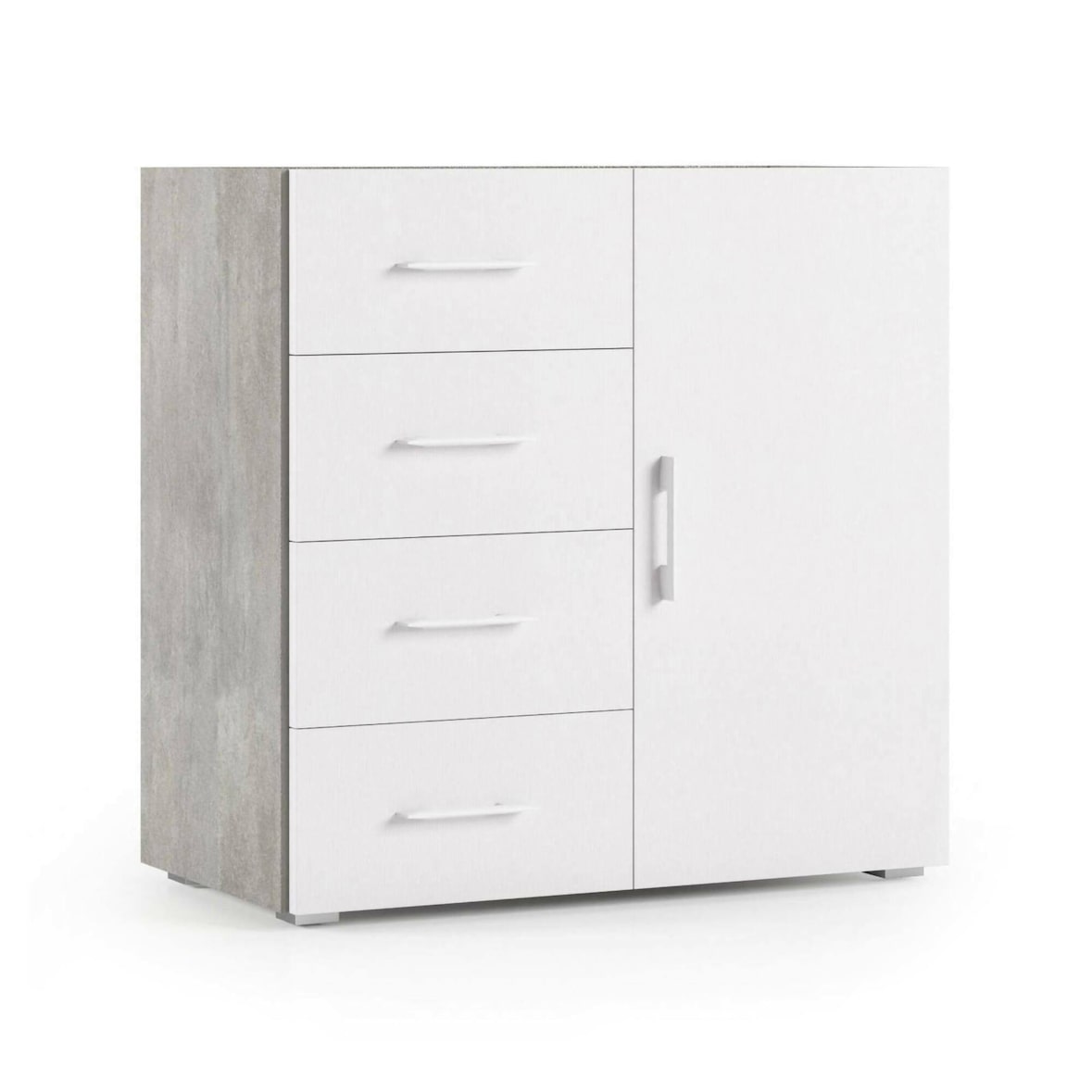 Dmora Kommode Violetta, Buffetschrank mit 1 Tür und 4 Schubladen, Wohnzimmer - Sideboard, Mehrzweckschrank mit Regalen, 90x41h87 cm, Weiß und Beton