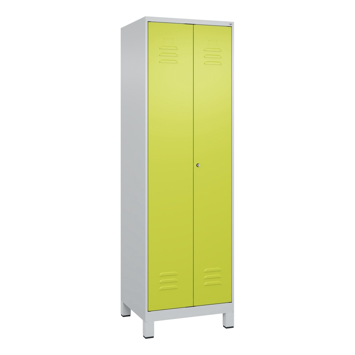 C+P Aufbewahrungs Doppel-Spind Classic PLUS, Füßen, 2 Abteile, 4 Fachböden, HxBxT 195x60x50cm, Zylinderschloss, Hellgrau/Clowngrün von PROREGAL