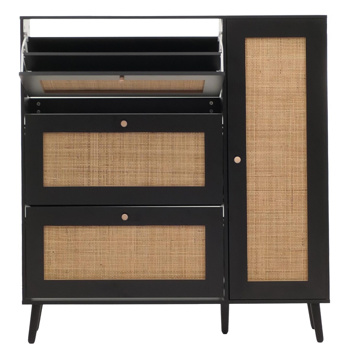 Rattan-Schuhkipper HWC-M37, Schuhregal Schuhschrank, 3 Kippfächer 2 Regalböden 127x120x24cm Holz Melamin ~ schwarz