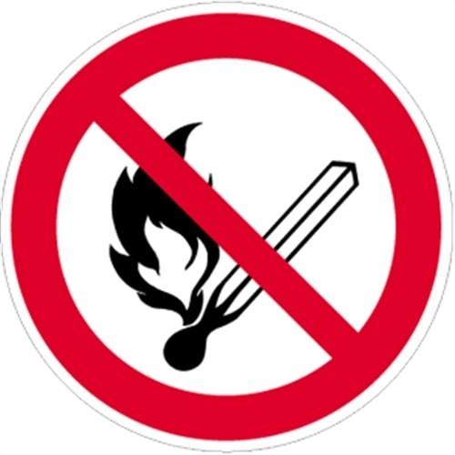 Aufkleber Feuer, offenes Licht und Rauchen verboten ISO 7010, Folie,Ø 50 mm,10 Stück/Bogen