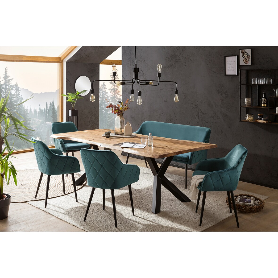 SalesFever 6-tlg. Akazie-Essgruppe 220x110 cm, Platte 35 mm Akazie, Metallgestelle, 4 Stühle & 1 Bank in Samt-Optik