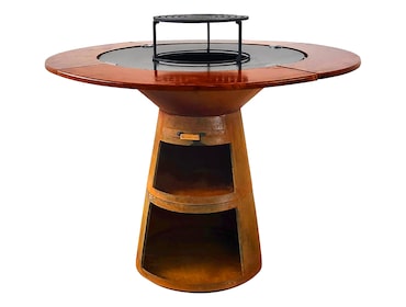 PURLINE Barbacoa redonda en acero corten con plancha de acero, grill y tablero de madera EFP59CO WOOD