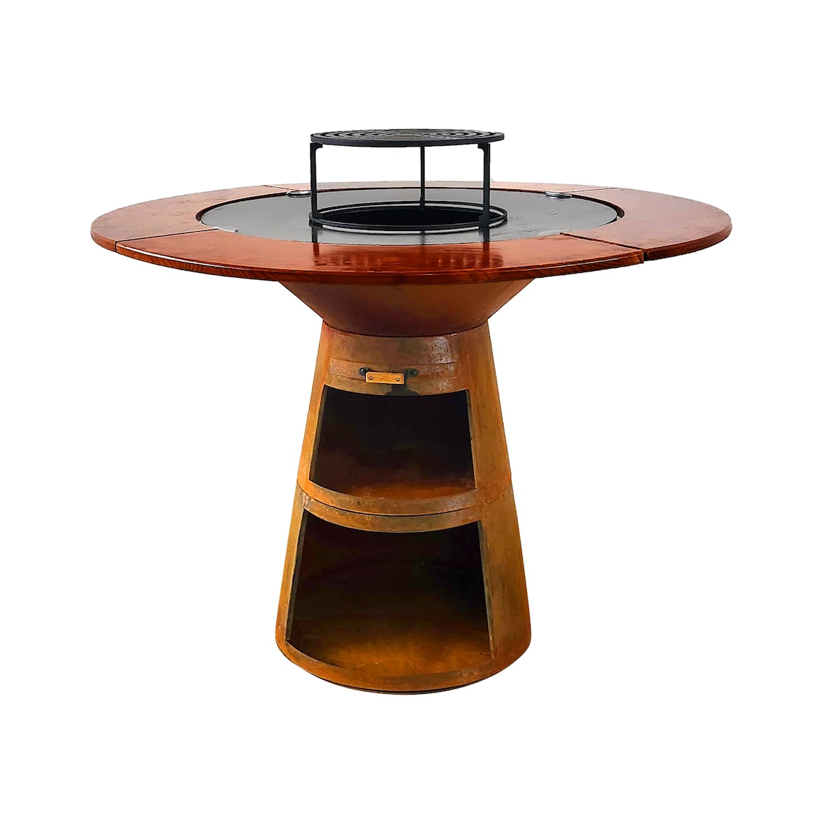 PURLINE Barbacoa redonda en acero corten con plancha de acero, grill y tablero de madera EFP59CO WOOD