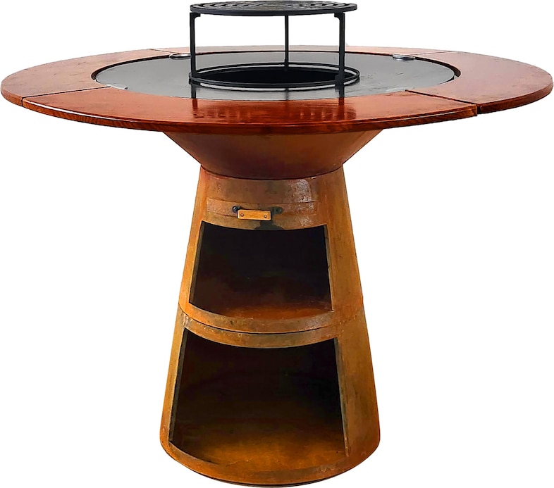 PURLINE Barbecue rond en acier Corten avec plaque en acier, grille et plateau en bois EFP59CO WOOD