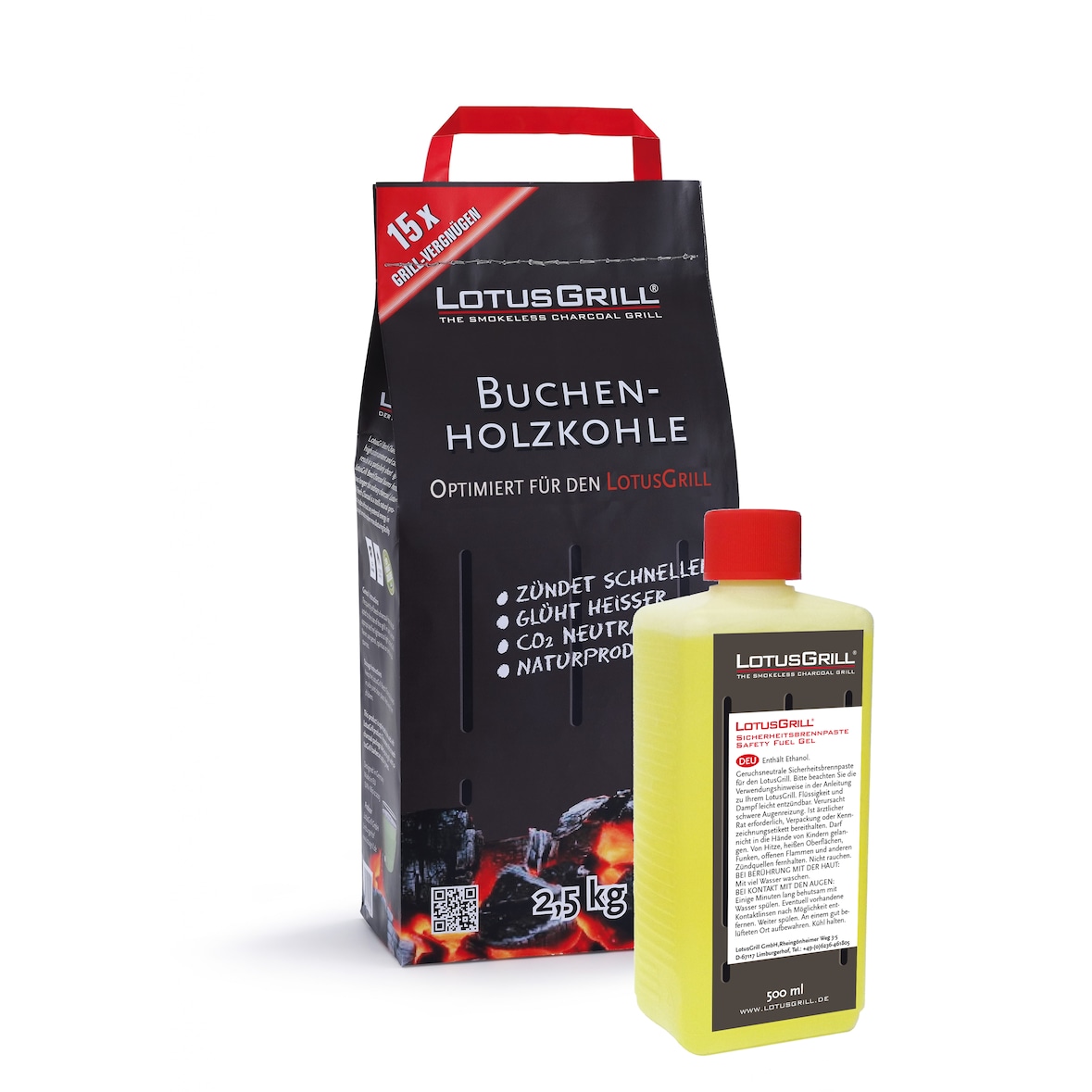 LotusGrill Buchenholzkohle 2,5 kg Sack inkl. LotusGrill Brennpaste 500 ml, beides entwickelt für raucharmes Grillen mit dem LotusGrill