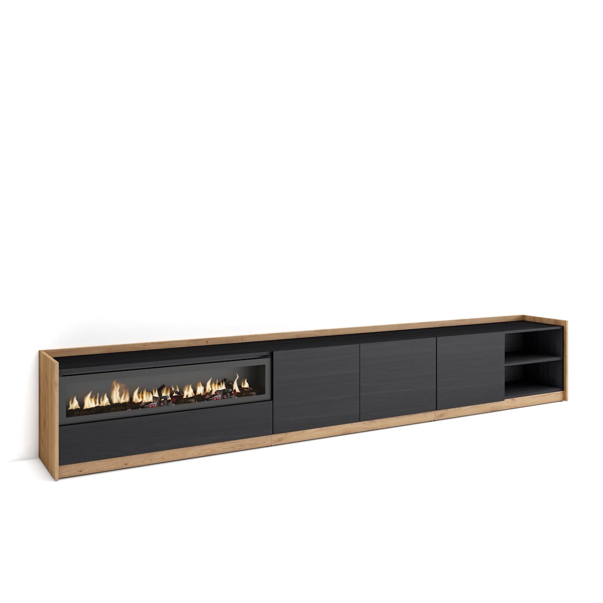 TV-Meubel, Lowboard, Woonkamer, Eetkamer, 310x50x37 cm, Voor tv's tot 80", Elektrische haard, Moderne stijl, Zwart/Eiken