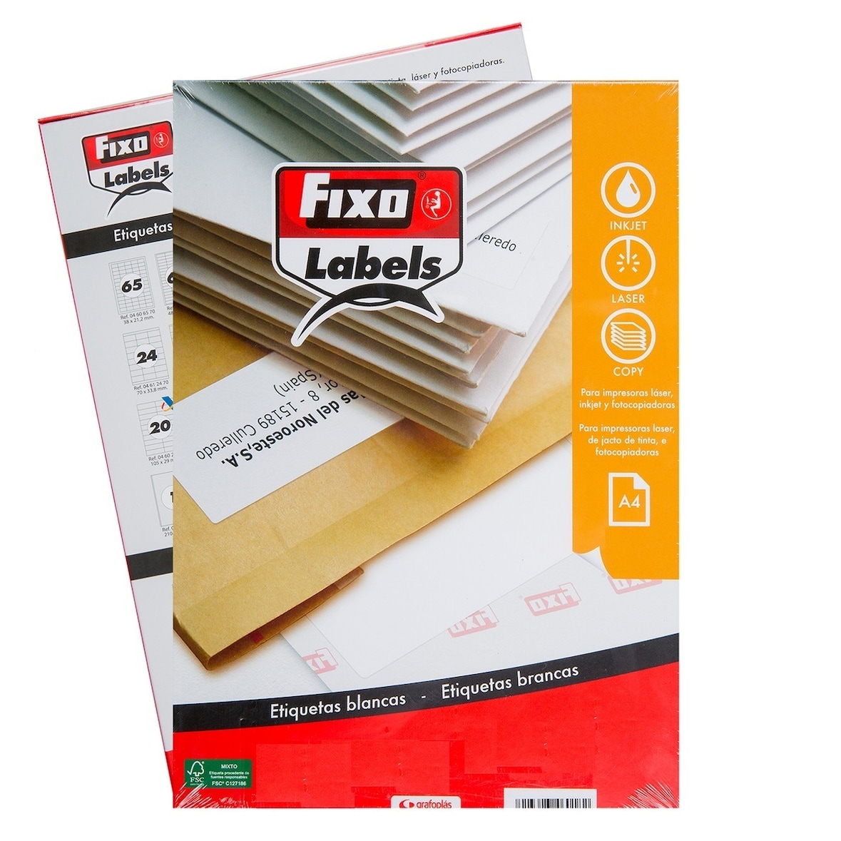 Caixa com 100 folhas tamanho A4 de etiquetas com cantos retos de 105X41 MM