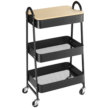 Carrito auxiliar con ruedas de 3 niveles carrito de cocina con 3 cestas de acero y 1 placa de cubierta para comedor sala baño 45x31x79,4 cm negro