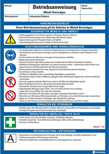 Dreifke® Maschinenbetriebsanweisung Metall-Kreissägen, Kunststoff, 210x297mm, ASR A1.3, DIN EN ISO 7010