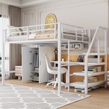 thumbnail of Hochbett 140x200 mit Kleiderschrank, Regalen, Schreibtisch und Ablageleiter, Weiß – Multifunktionales Bett für zimmer