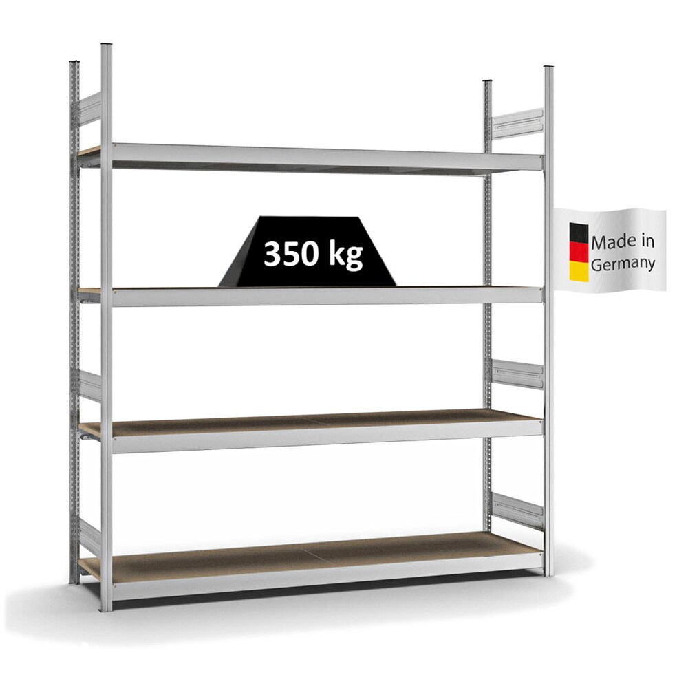 PROREGAL Weitspannregal Stecksystem T-Profil | HxBxT 250x225x50cm | 4 Ebenen | Spanplatten-Fachboden | Fachlast 350kg | Verzinkt | Lagerregal