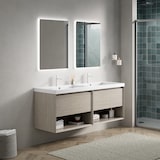 thumbnail of Badezimmer-Waschtisch 53×140×46 cm mit 2 weißen Resinbecken, Eiche Hell, 2 Schubladen und 2 offenen Regalen