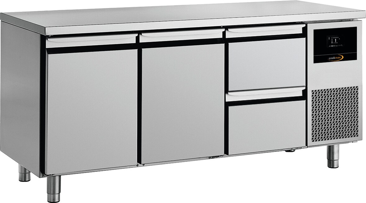 Cookmax Kühltisch GN 1/1 mit
2 Türen und 2 Schubladen, o. Aufkantung