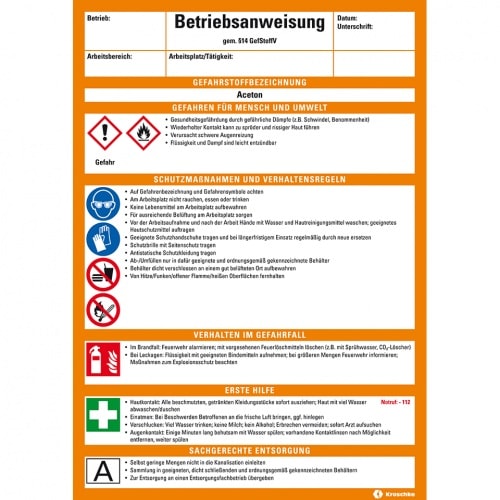 Betriebsanweisung Aceton, CLP/GHS, Kunststoff, 210x297mm, ASR A1.3, DIN EN ISO 7010