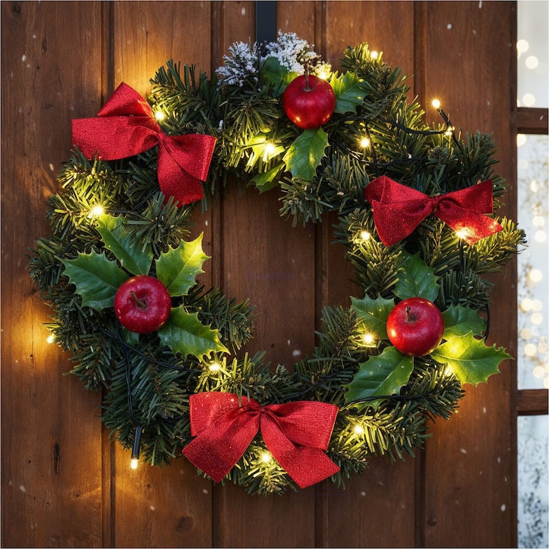 Ein beleuchteter Weihnachtskranz mit roten Schleifen und Äpfeln.