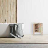 thumbnail of Relaxdays Wäschekorb mit Sitz, Badhocker mit Stauraum, 40 l Wäschesammler, Holz/Stoff, HBT: 51 x 41 x 41 cm, natur/weiß