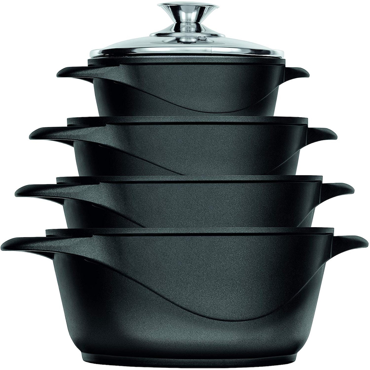 Smile Induktionskochgeschirr 8-teilig, geschmiedetes Aluminium, gusseiserner Boden, 4 Töpfe mit Deckel Schwarzes Glas SML-MGK12