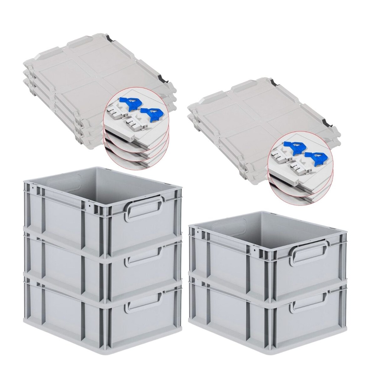 PROREGAL 5x Eurobox NextGen Grip mit Scharnierdeckel & blauen Verschlüssen | HxBxT 17x30x40cm | 16 Liter | Griffe geschlossen | Glatter Boden