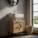 thumbnail of Waschbeckenunterschrank Eiche-Optik 60x60x40 cm mit Tür und Schubladen, Badezimmerschrank mit Rattangeflecht, Unterschrank Stehend, Badschrank