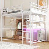 thumbnail of Hochbett 140x200 Metallrahmen mit LED-Beleuchtung, Schreibtisch, 1 Schublade, Regale, Geländer, Stauraum, Multifunktional, Weiß