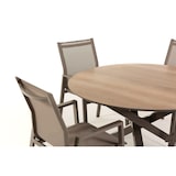 thumbnail of Set pranzo da giardino, tavolo rotondo in alluminio e SPC effetto legno, 4 sedie in textilene impilabili, per terrazza, veranda o giardino – TEO+DINA