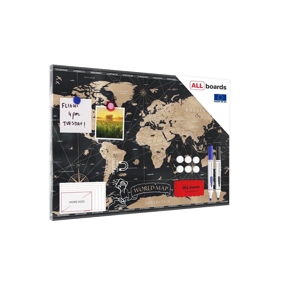 ALLboards Metallische Magnettafel WELTKARTE SCHWARZ 60x40cm Memoboard für jede Art von Magneten Magnetpinnwand + 4 Marker, 10 Magnete und Schwamm