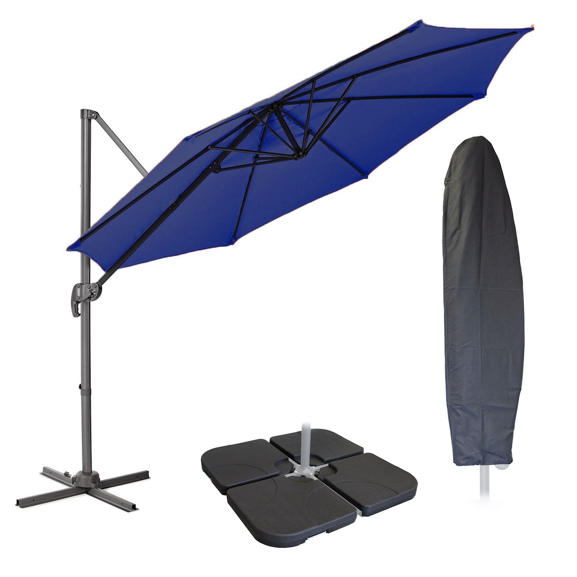 SVITA Zwenkparasol 3m met beschermhoes Parasolstandaard opvulbare 4-delige kantelparasol Zwenkparasol blauw