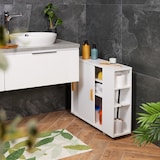 thumbnail of Relaxdays Nischenschrank, 4 Fächer, WC-Bürstenhalter, HxBxT: 62 x 19,5 x 64 cm, Bad, MDF, Bambus, Rollwagen, weiß/natur