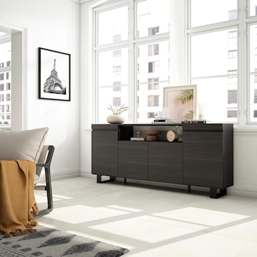Credenza, Mobile, Cucina, 210, 4 Porte, Camino Elettrico XXL Rovere E Nero