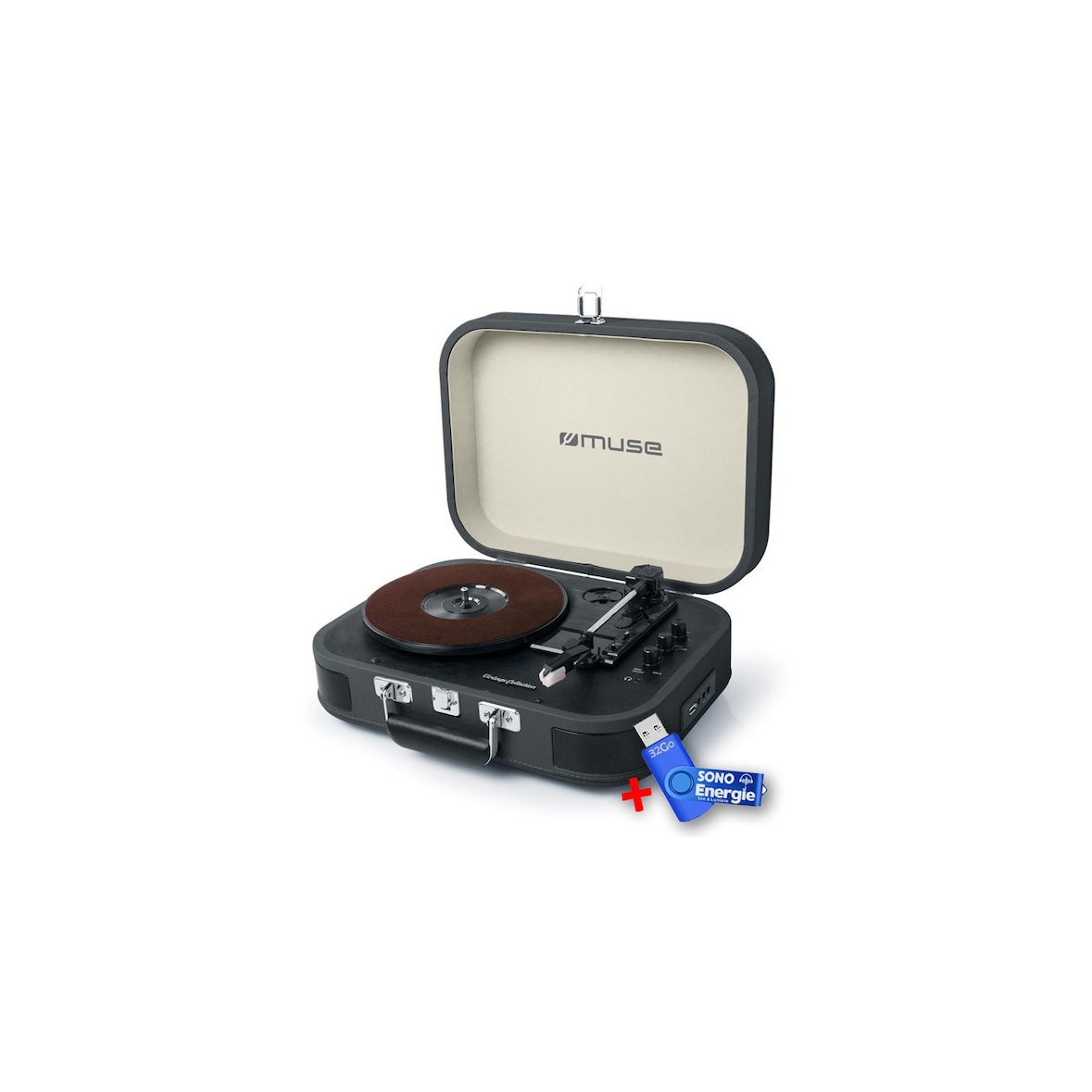 Platine vinyle stéréo Noire 33/45/78 tours avec enceintes intégrées - USB/SD/AUX - Prise casque+clé USB 32Go