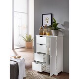 thumbnail of Design Badschrank PATTI Landhaus-Stil MDF-Holz 56 x 83 x 30 cm weiß, Badezimmerschrank klein 4 Schubladen & 1 Tür, Beistellschrank