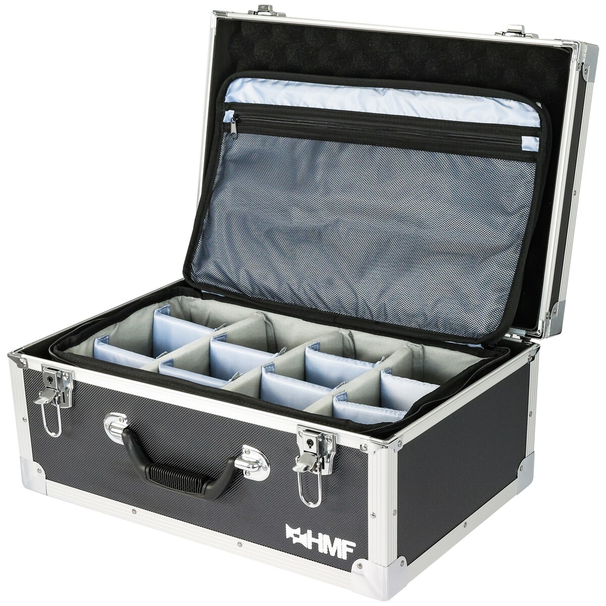 HMF 18440 Kamerakoffer, Fotokoffer Aluminium mit Tasche, individuelle Trennwände, 48 x 32 x 22,5 cm, schwarz