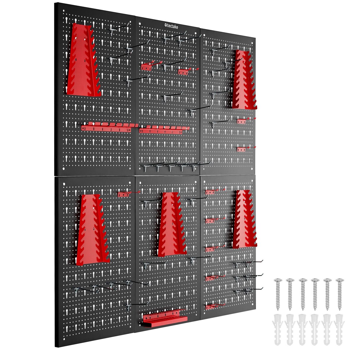 tectake Painel perfurado para ferramentas JONAH com ganchos e suportes - Conjunto de 6 preto/vermelho