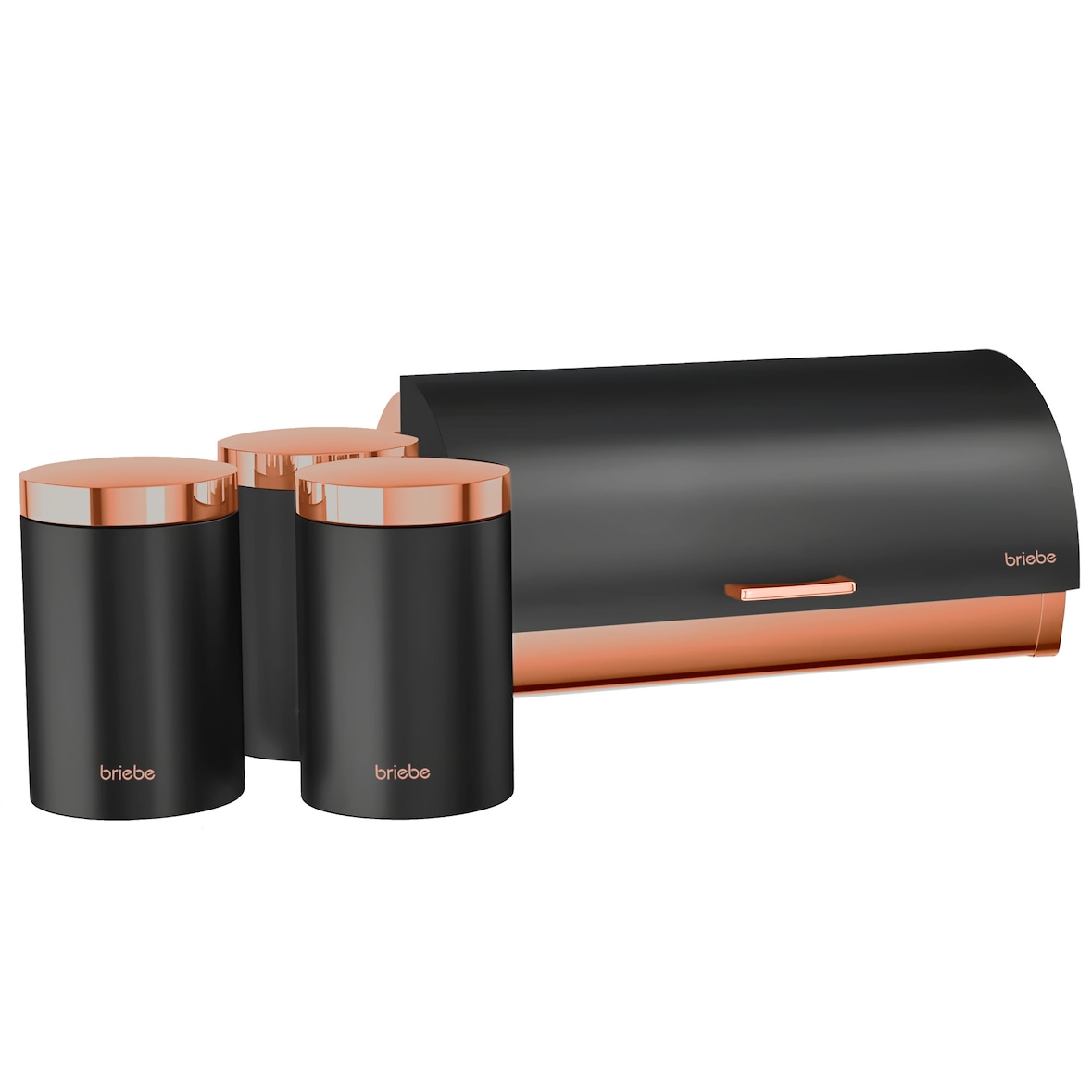 Briebe BB1161BLKM Conjunto de Caixa de Pão + 3 Boiões de Cozinha Aço Inoxidável, Contentor com Tampa Deslizante, Preto Mate/Ouro Rosa