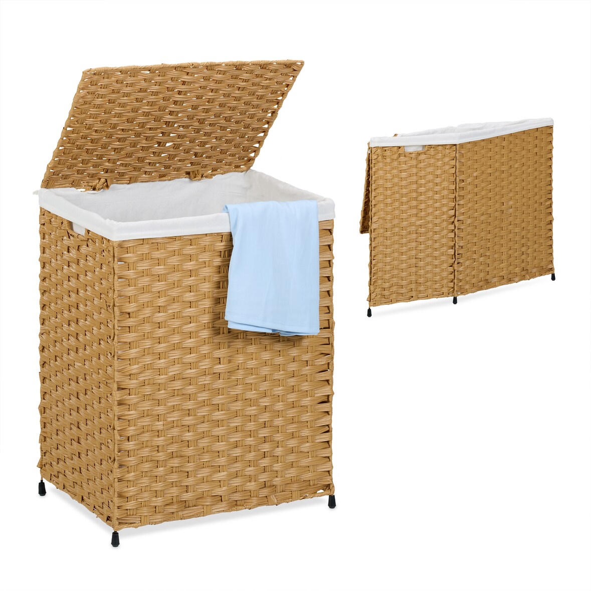 Relaxdays Wäschekorb mit Deckel, Rattan-Optik, Wäschesack 90 l, HBT: 60x46x34 cm, Wäschebehälter geflochten, braun/beige