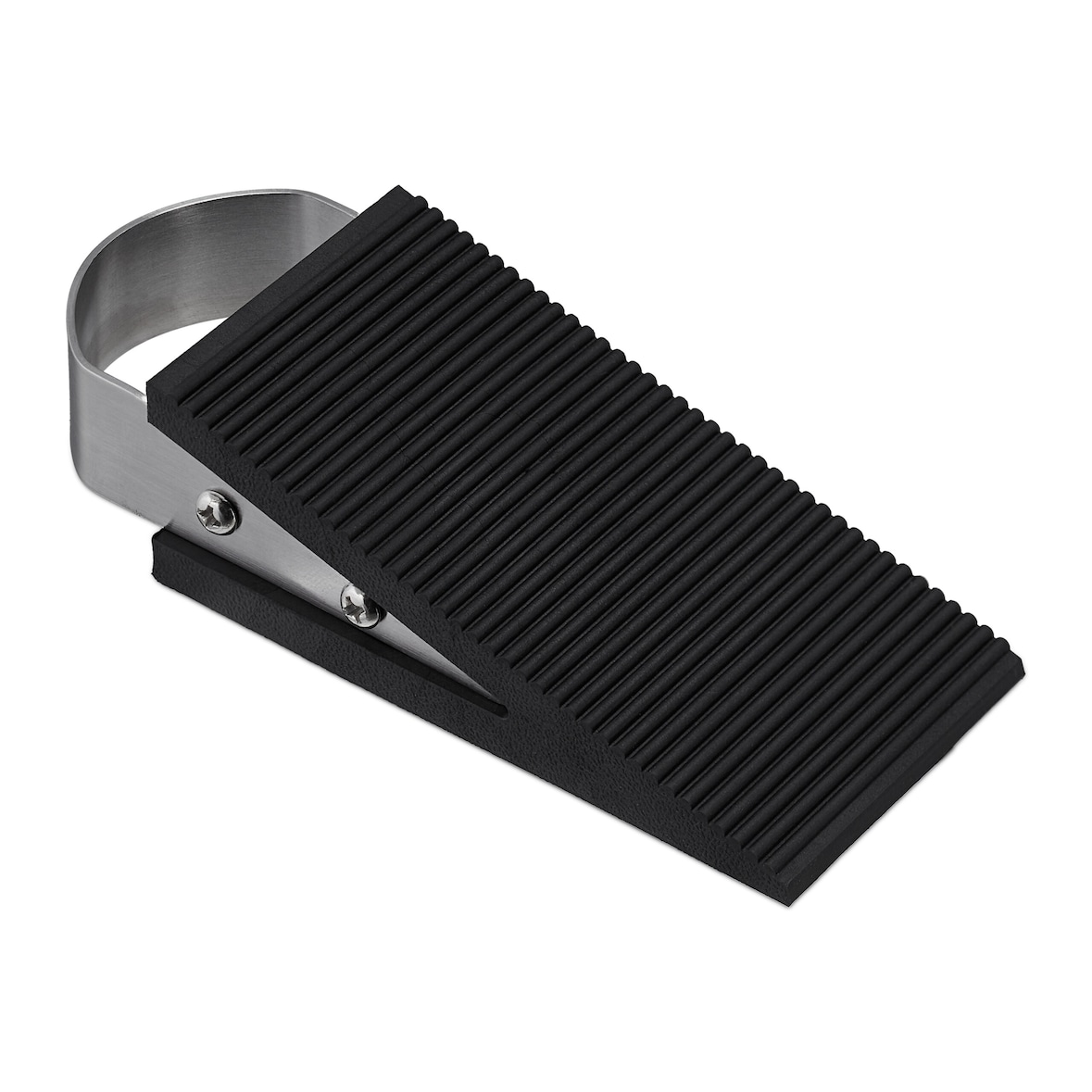 Relaxdays Türkeil 4er Set, Türstopper Boden, Gummi & Edelstahl, HBT: 3 x 5 x 12,5 cm, rutschfeste Keile, schwarz/silber