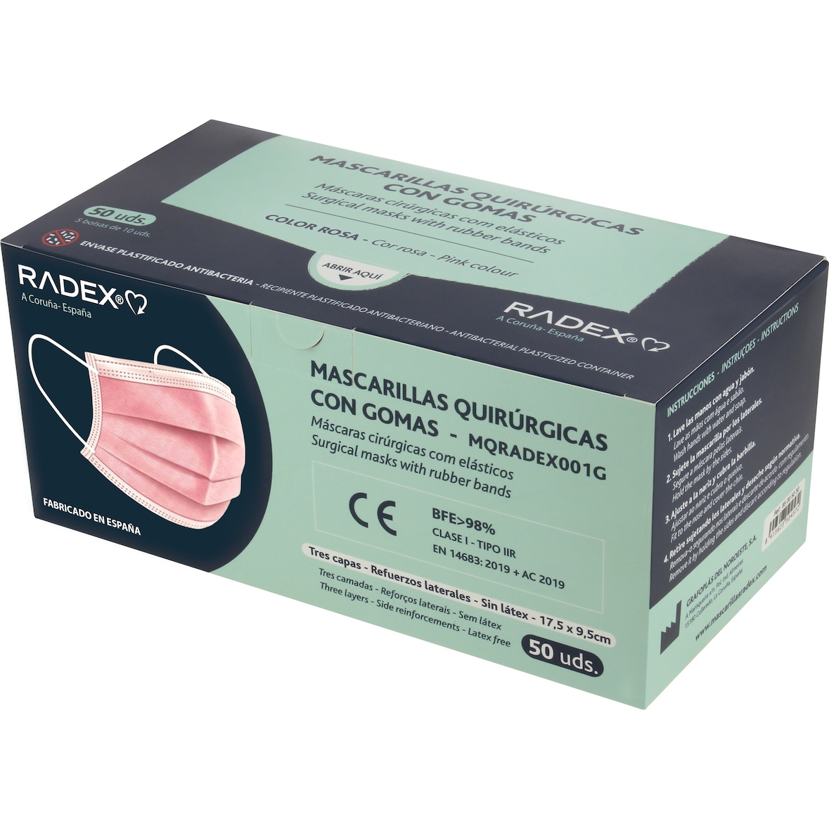 Caja 50 mascarillas quirúrgicas IIR con gomas rosa