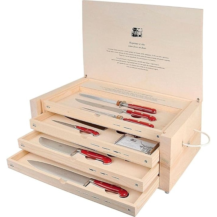 Coltellerie Berti - Il Trinciante completo - Set coltelli cucina forgiati - 14 pezzi - Manico in Plexiglass Rosso