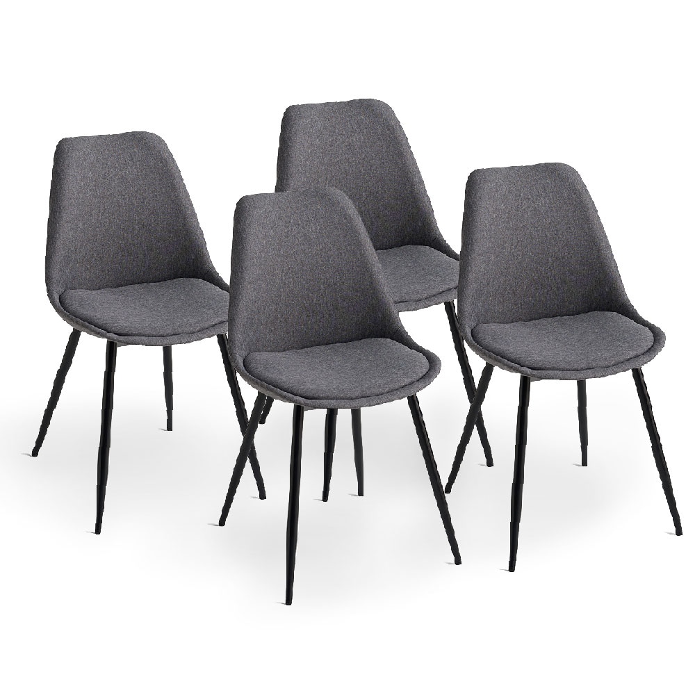 Set de 4 sillas tapizadas en tela, carcasa de polipropileno y patas de metal, diseño elegante para cocina, comedor, bares,restaurantes – SORAYA – Gris