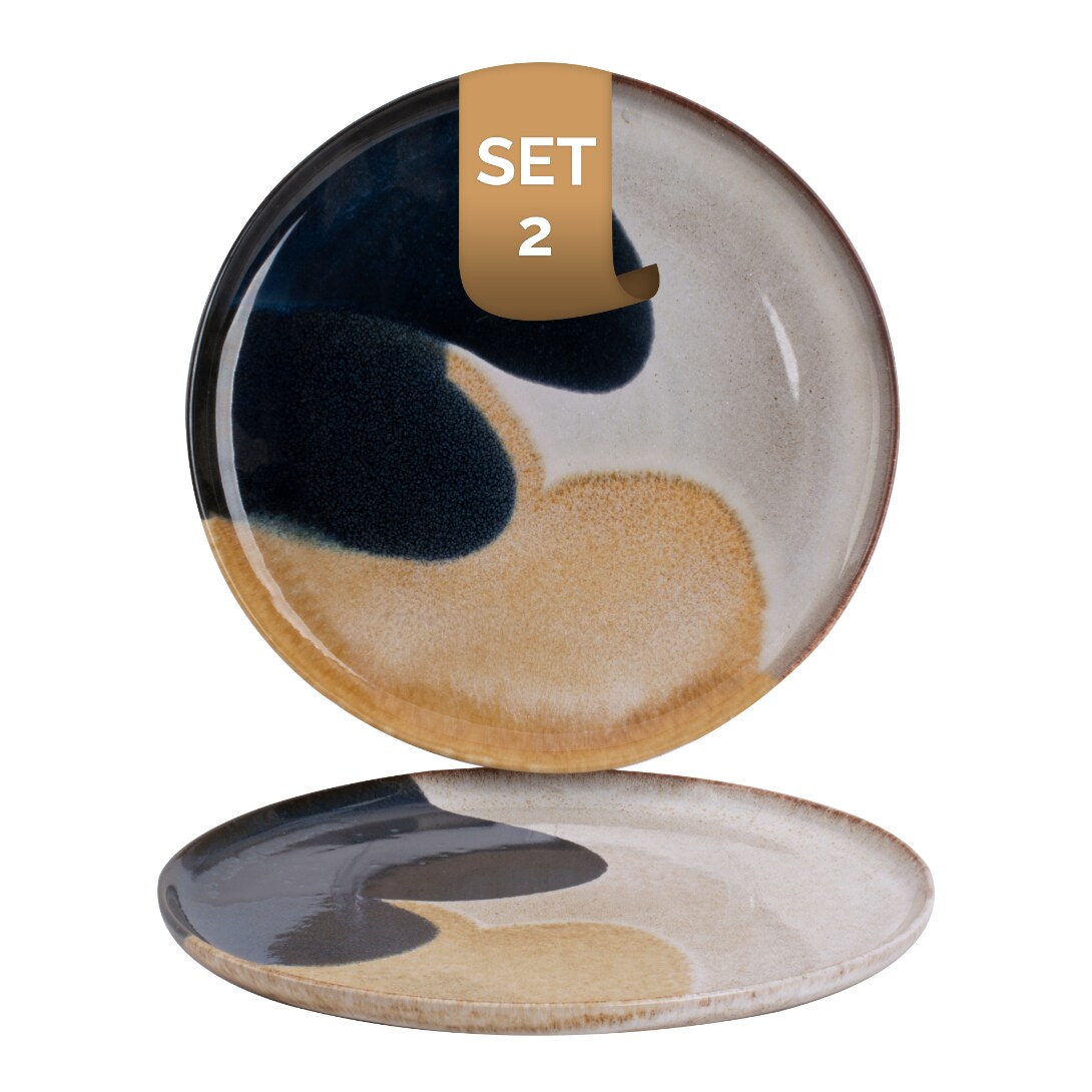 2 x palmer Aquarel Teller flach, Steinzeug farbig, Ø 28 cm, für ein 2 Pers Gedeck, mediterran, spülmaschinenfest