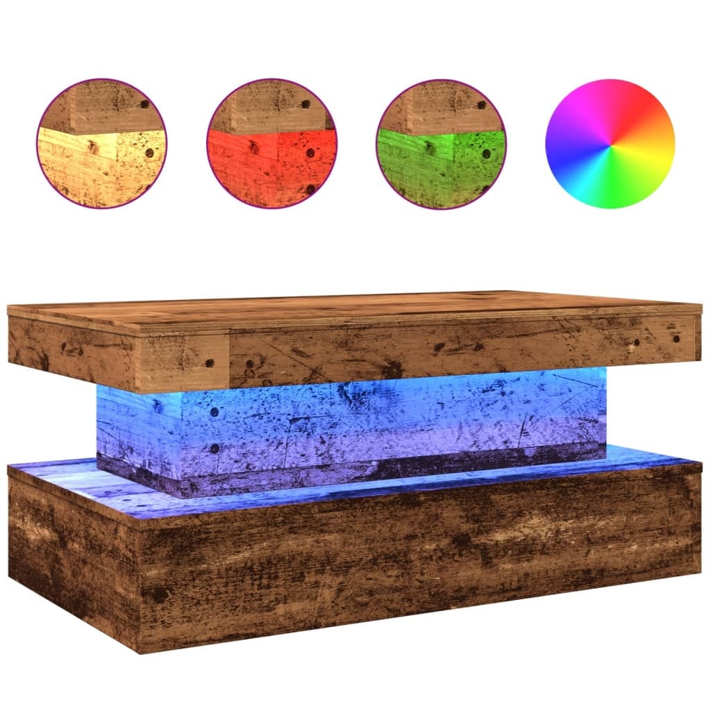 Table basse avec lumières LED vieux bois 90x50x40 cm Modèle Unique