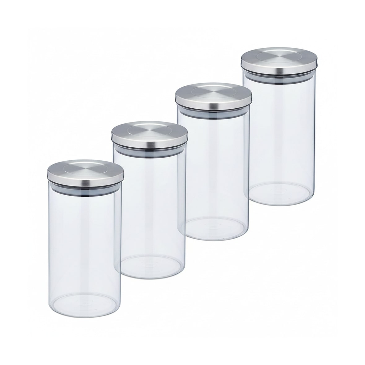 Relaxdays Vorratsgläser 4er Set, 1000ml Nudelglas, luftdicht, Edelstahldeckel, Vorratsdose für Küche, transparent/silber
