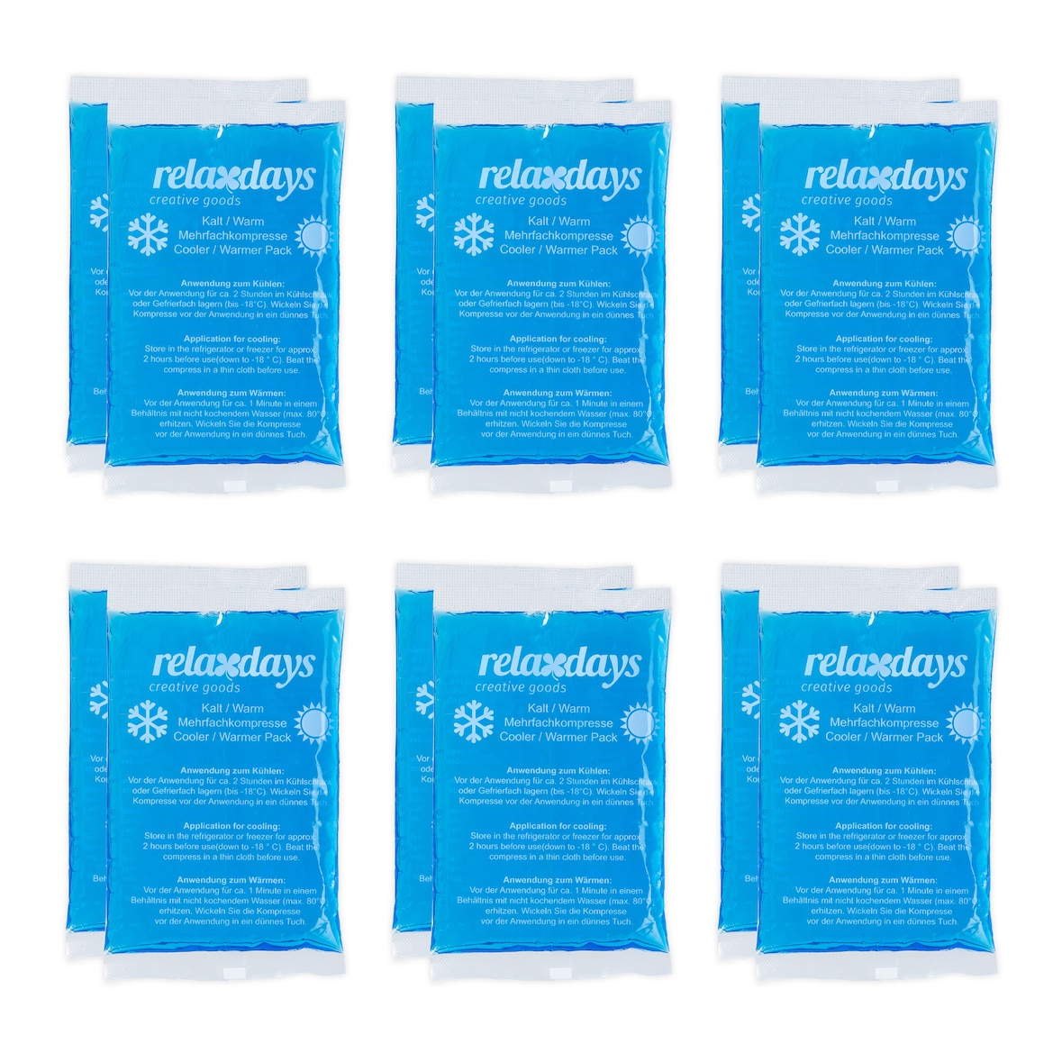 Relaxdays Kühlpads, 12er Set, Kalt-Warm-Kompressen, 9 x 15 cm, Kühlpacks Gel, wiederverwendbare Gelkühlkompressen, blau