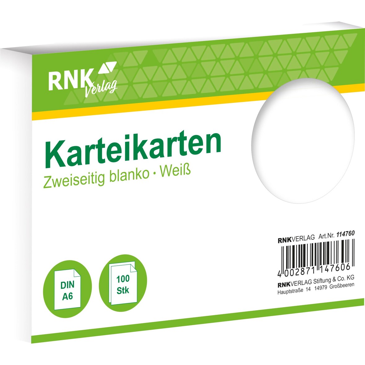 RNK Verlag 114760 Karteikarten - DIN A6, blanko, weiß, 100 Karten